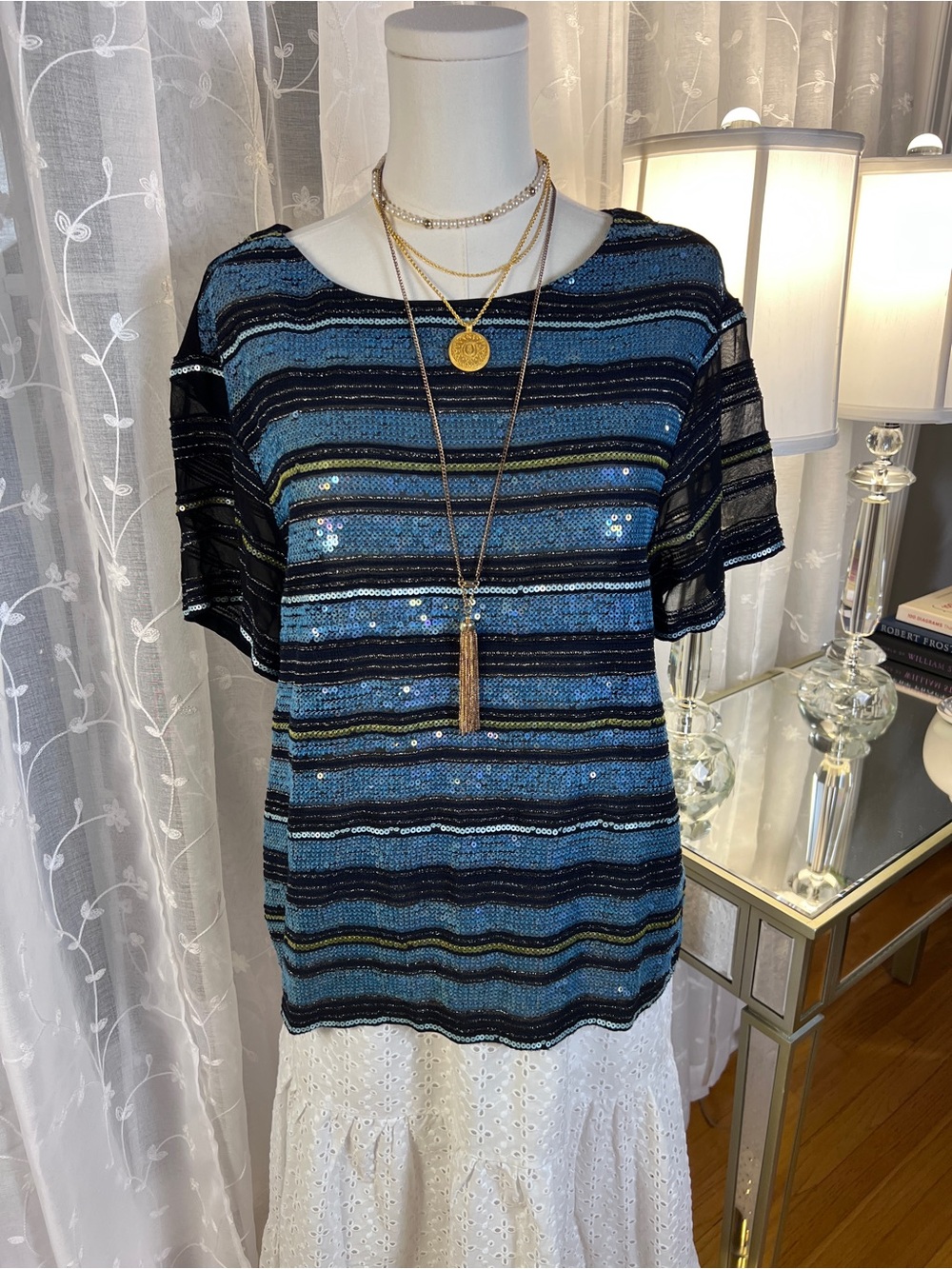 Maeve Blue and Black Sequin Striped Short Sleeve Top
